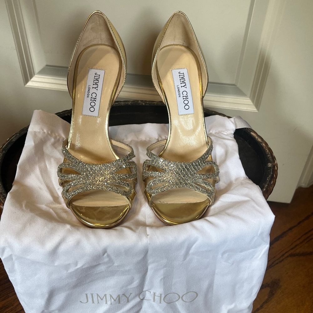 Jimmy Choo, size 6, metallic gold and silver